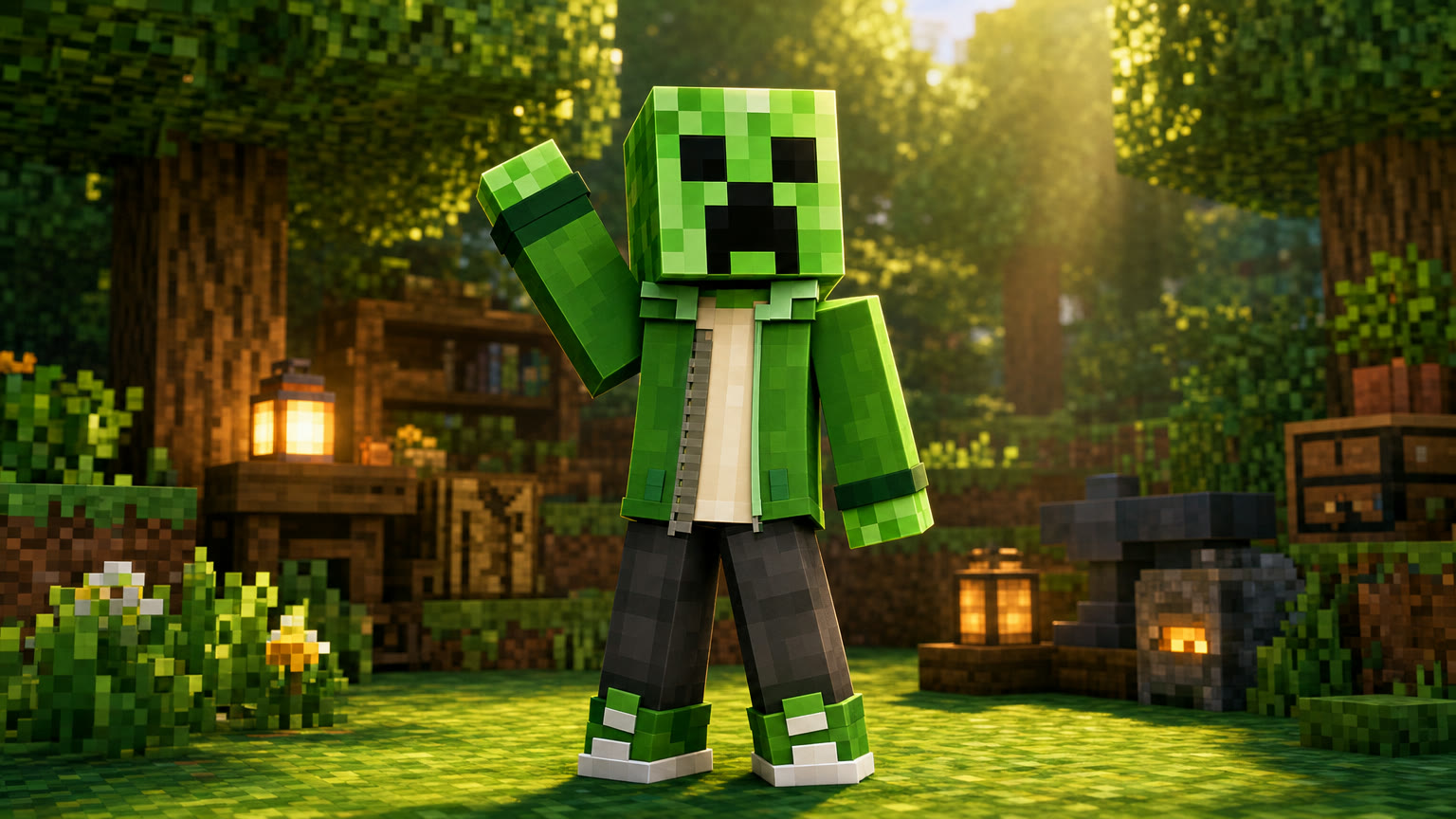 Micah’s Minecraft-style mascot waving, with a green jacket and a green cube head featuring the black Creeper face